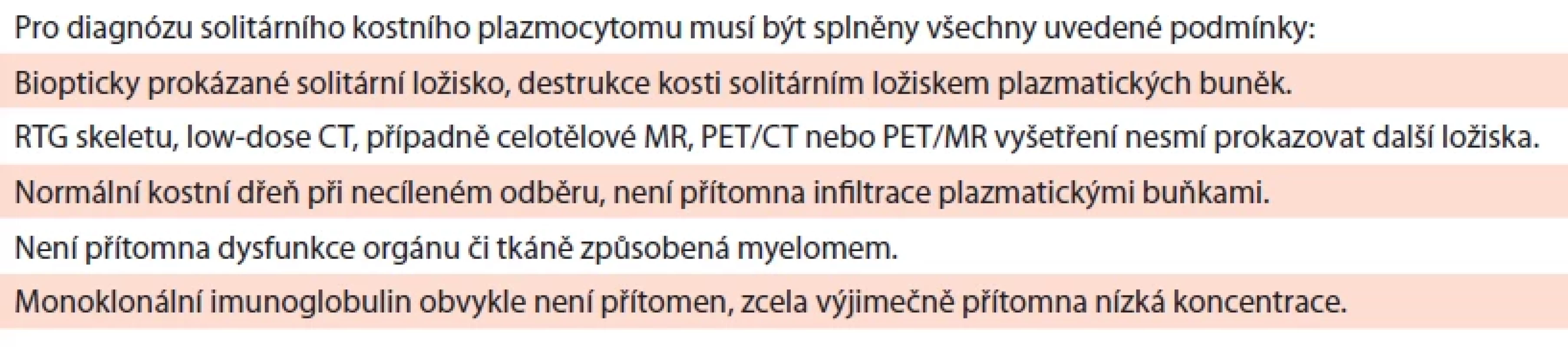 Kritéria solitárního kostního (medulárního) plazmocytomu (modifi kováno dle IMWG, 2003; Rajkumar, 2014).