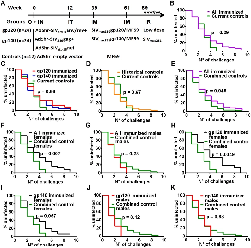 Immunization scheme and delayed acquisition after intrarectal repetitive SIV<sub>mac251</sub> low dose challenges.