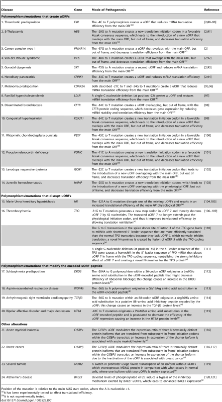 Examples of human diseases associated with polymorphisms or mutations that introduce/eliminate uORFs or modify the encoded uORF peptide.