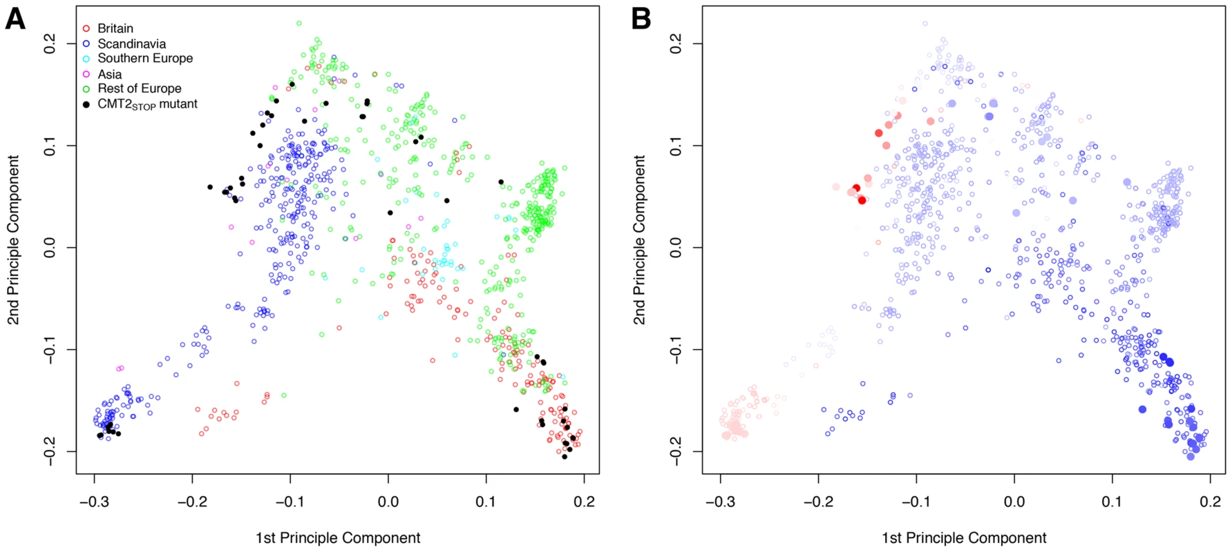 Principle components of the genomic kinship in the RegMap collection for the accessions carrying the alternative alleles at the Chromomethylase 2 locus (<i>CMT2<sub>STOP</sub></i> and <i>CMT2<sub>WT</sub></i> as filled and empty circles, respectively).