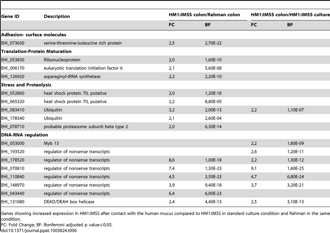 The <i>E. histolytica</i> HM1:IMSS specific gene expression profile in contact with the mucus.