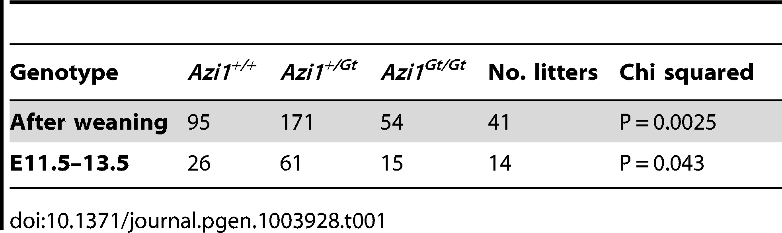 Genotypes of animals born from <i>Azi1<sup>+/Gt</sup></i> x <i>Azi1<sup>+/Gt</sup></i> matings.