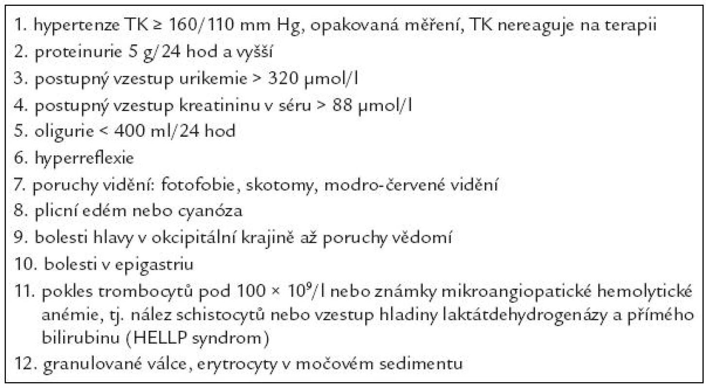 Symptomy charakterizující těžkou formu preeklampsie.