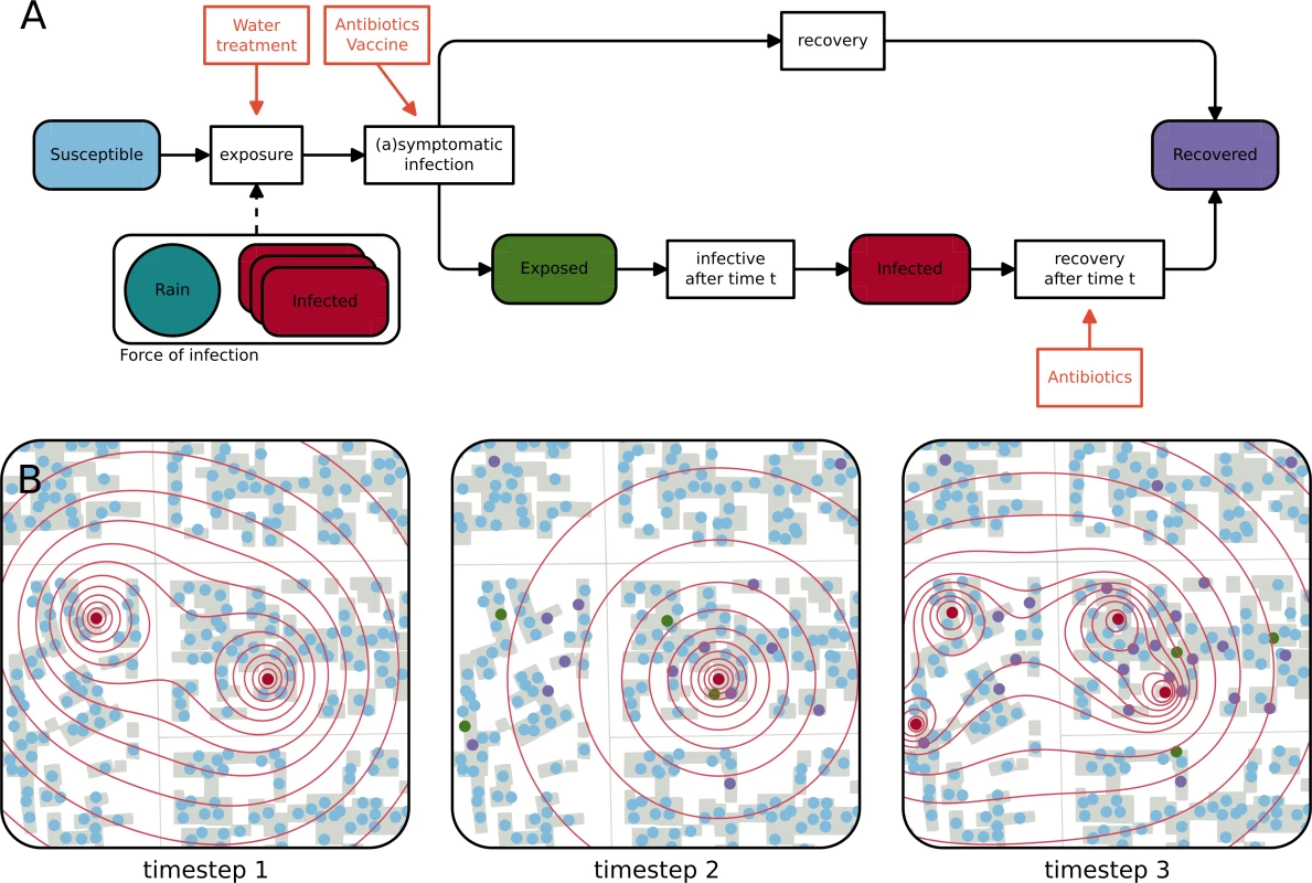 Schematic representation of the epidemiological model and evolution of the infectious state of inhabitants of a neighborhood.