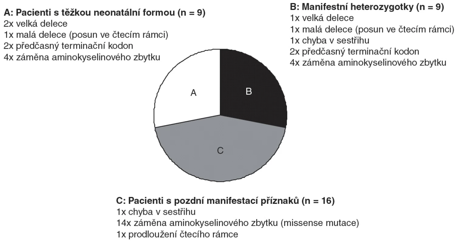 Typy mutací, které byly identifikovány v souboru 34 pacientů s deficitem OTC.