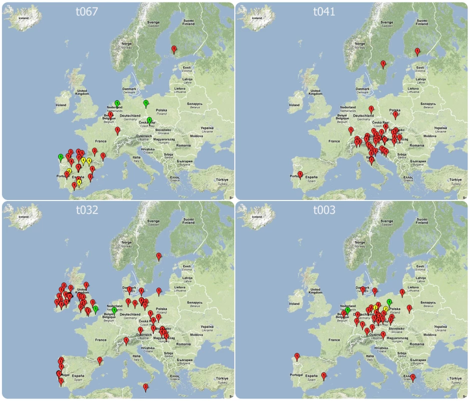 Location of laboratories isolating <i>S. aureus</i> of <i>spa</i> types t067, t041, t032, and t003, which are the four most significant regional clusters on SRL-Maps.