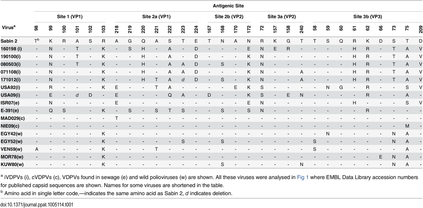 Amino acid differences in antigenic sites between type 2 polioviruses.