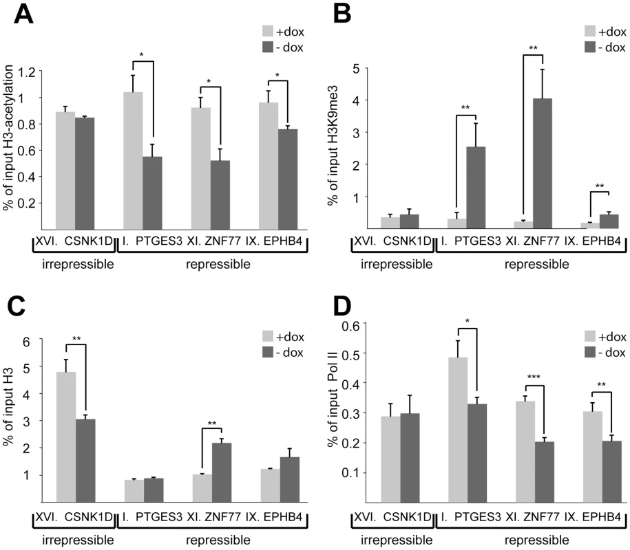 Silenced promoters exhibit increased H3K9me3 and decreased H3-acetylation and RNA Pol II recruitment.