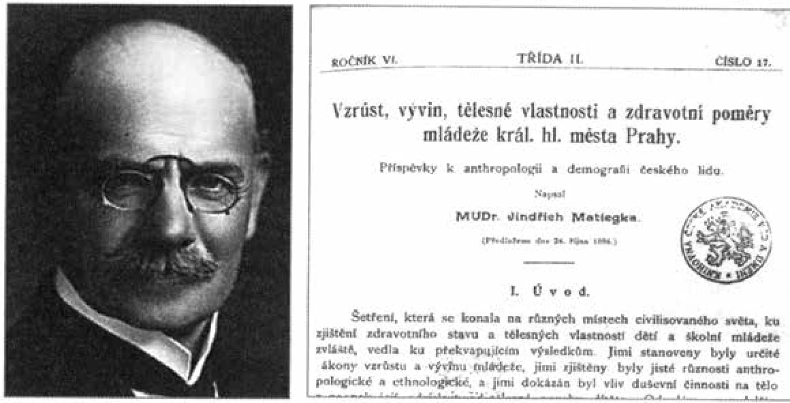 MUDr. Jindřich Matiegka a jeho habilitačný spis venovaný antropometrii a demografii pražských detí
pred 130 rokmi.