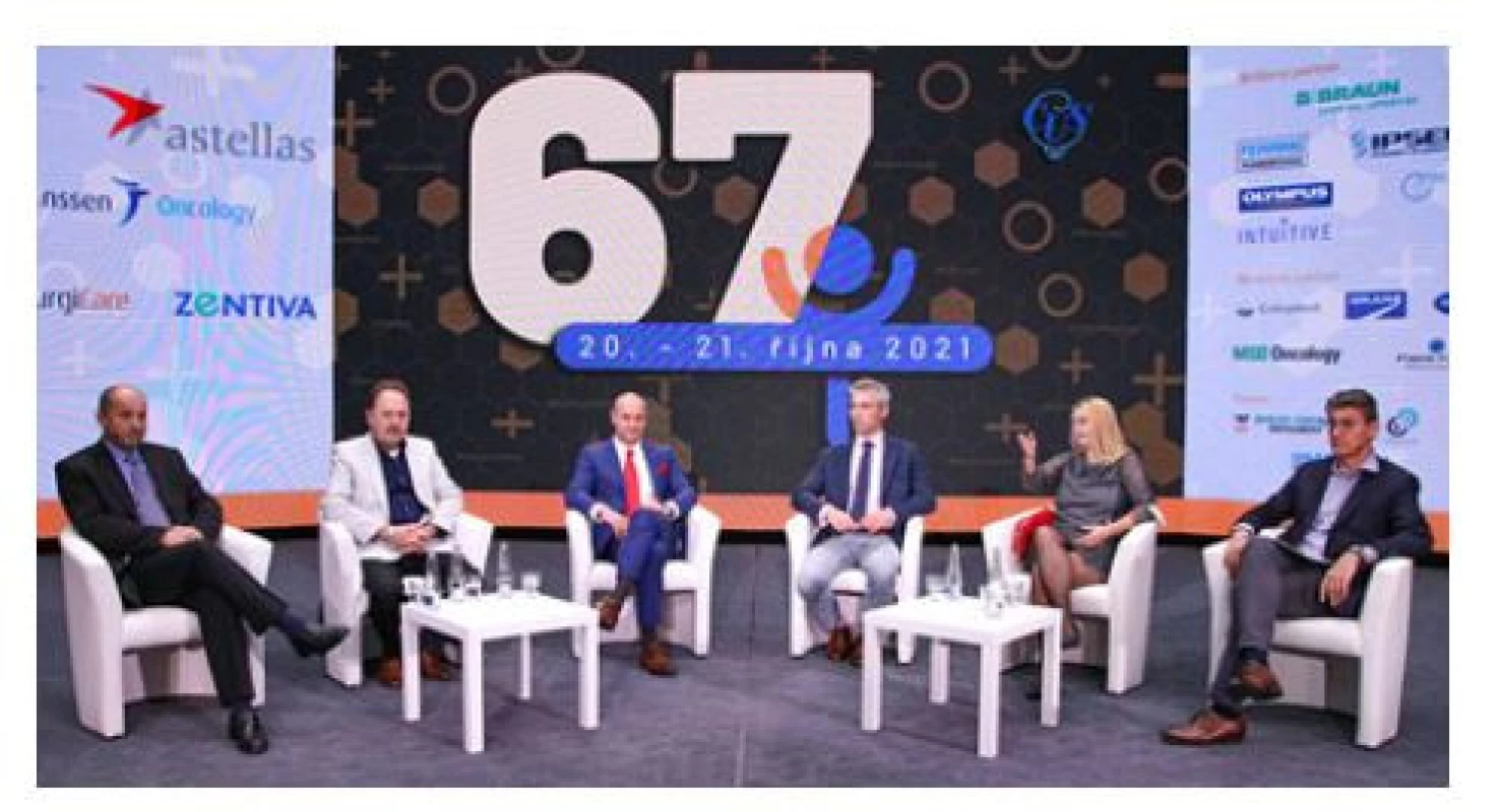 Blok Funkční urologie a infekce: MUDr. V. Šámal,
prof. D. Pacík, prof. R. Zachoval, MUDr. J. Hrbáček,
MUDr. M. Matoušková, prof. J. Krhut (zleva)<br>
Fig. 5. The Functional Urology and Infections section:
V. Šámal, MD, Prof. D. Pacík, Prof. R. Zachoval,
J. Hrbáček, MD, M. Matoušková, MD, and Prof. J. Krhut
(left to right)