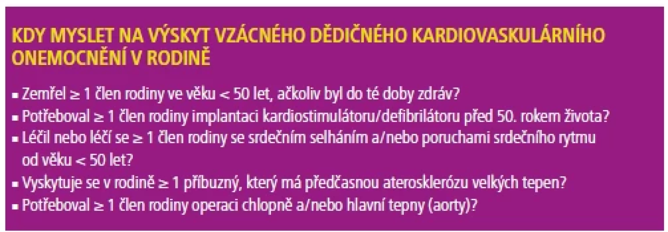 Indikace ke kardiogenetické konzultaci a diagnóze vzácného dědičného kardiovaskulárního onemocnění v rodině.