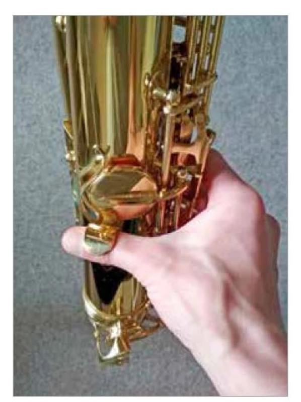 Detail pozice pravé ruky při
držení saxofonu.<br>
Fig. 3. Detail of the position of the right
hand while holding the saxophone.