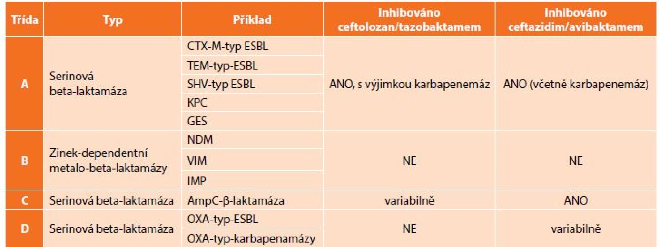 Klasifikace beta-laktamáz dle Amblera a vztah C/T a C/A<br>
Tab. 2: Ambler classification of beta-lactamases and relation to C/T and C/A