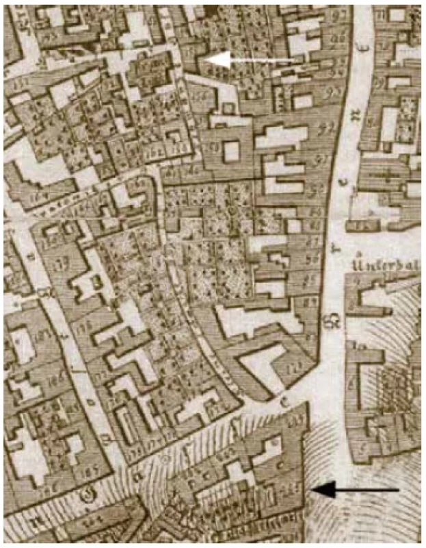 Part of the map of Prague in the first half of the 19th
century. Places where Ferdinand Arlt lived at Vieh Markt no. 285
(black arrow) and Schwarze Gasse no. 155 (white arrow)