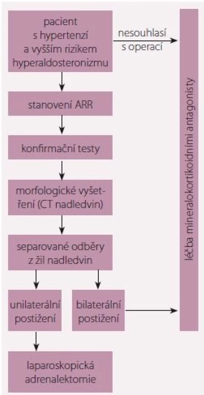 Zjednodušený algoritmus vyšetření
při podezření na primární hyperaldosteronizmus.
Upraveno podle [8].
ARR – plazmatická reninová aktivita;
CT – počítačová tomografie; MR antagonisté
– antagonisté mineralokortikoidních
receptorů