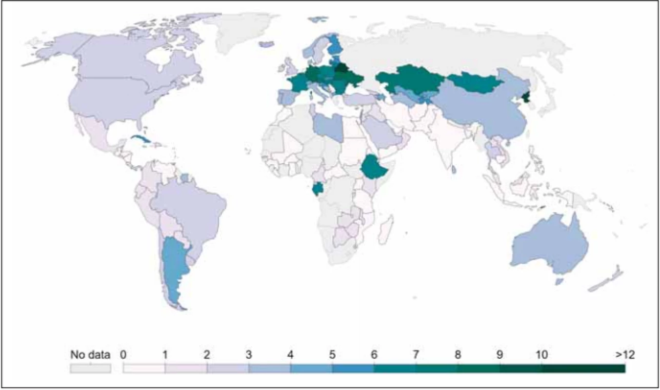 Počet nemocničních lůžek na 1 000 obyvatel (2013) [49].<br>
Fig. 4. Number of hospital beds per 1,000 inhabitants (2013) [49].