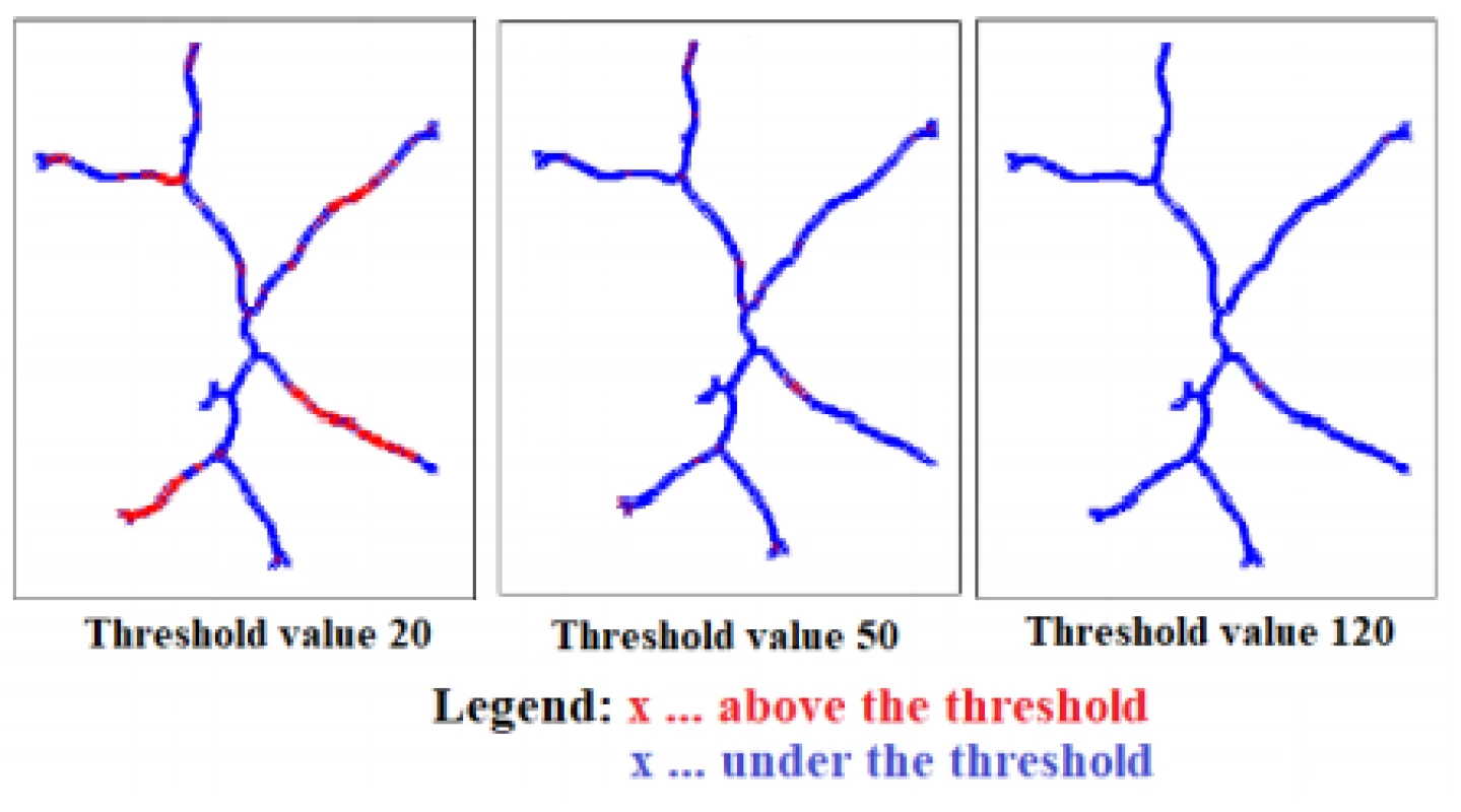 An example showing the rate of curvature of
blood vessels at different threshold settings.