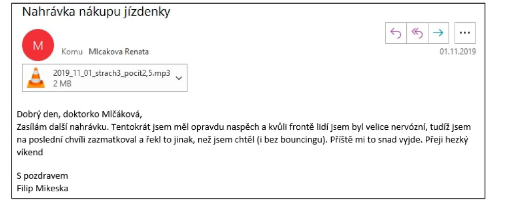 E-mail s nahrávkou nákupu jízdenky a vyjádřením pocitů při mluvení