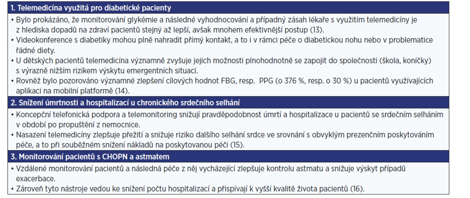 Příklady výsledků klinických studií v telemedicíně podle terapeutických oblastí
