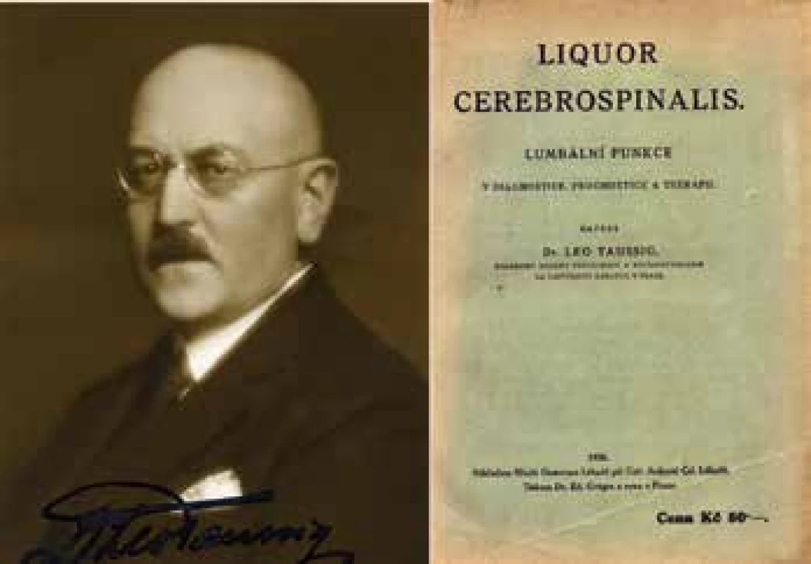 Portrét prof. Leo Taussiga (z portálu databáze Holocaust) a titulní strana monografie o mozkomíšním moku. 