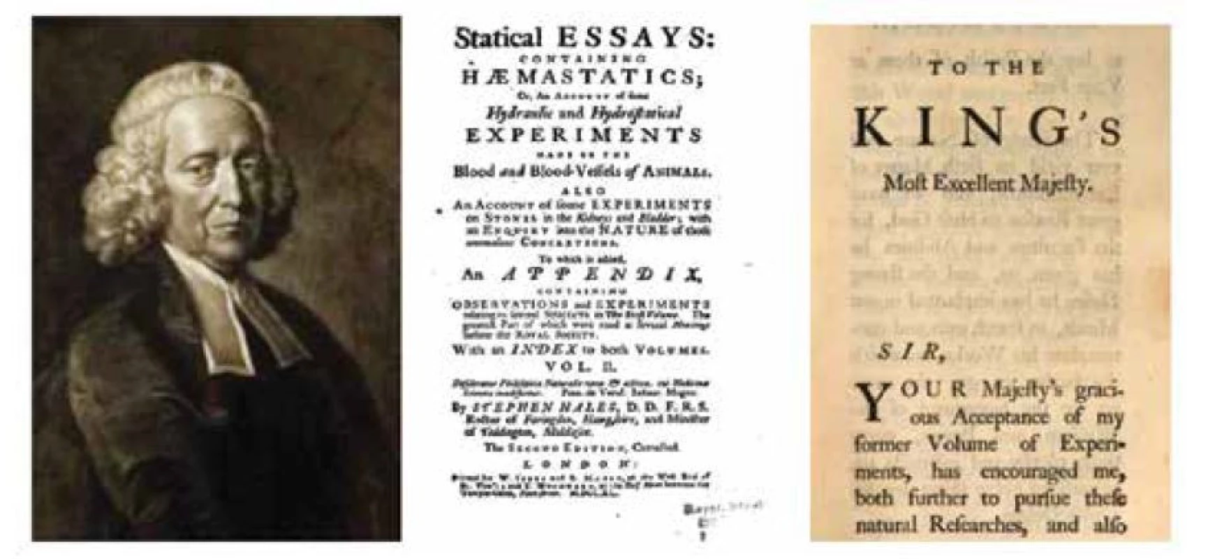 Stephen Hales (1677–1761), titulná strana diela Statical Essays: Haemastatics [1] a jedna
zo strán venovania diela kráľovi. Celé dielo je digitalizované a je sprístupnené na books/google/sk.