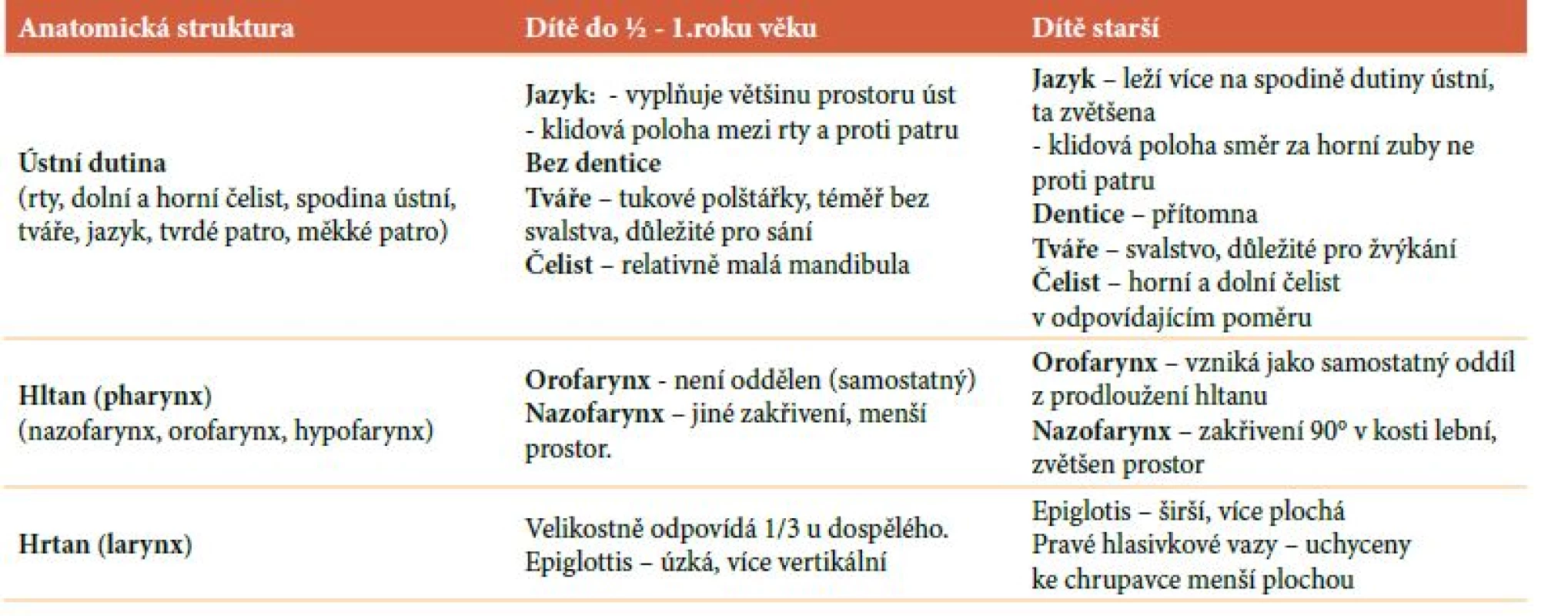 Anatomické rozdíly horního aerodigestivního traktu mezi kojenci a dětmi staršího věku