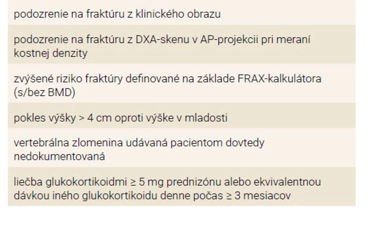 Indikácie k bočnej RTG-snímke a pre bočný
DXA-sken