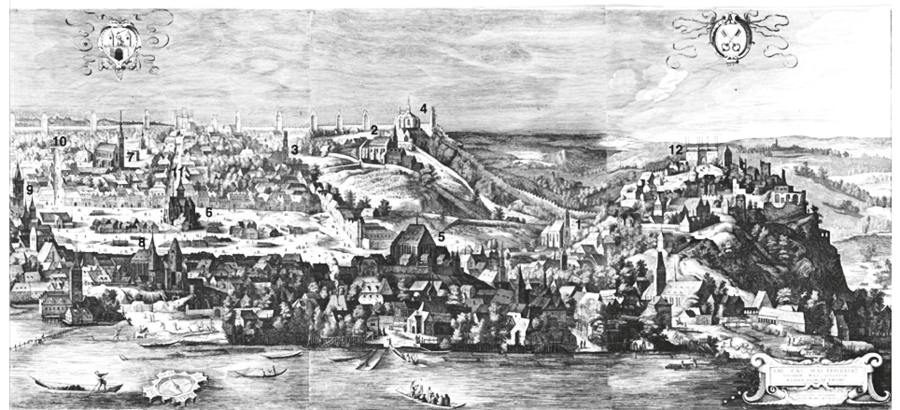 Pohled na Nové Město pražské, zachycené na fragmentu slavného prospektu Prahy od Aegidia Sadelera z roku 1606.<br>
1. Kostel Panny Marie Na Slupi, 2. Kostel sv. Apolináře, 3. Kostel sv. Kateřiny Alexandrijské, 4. Kostel Nanebevzetí Panny Marie a sv. Karla
Velikého, 5. Kostel Panny Marie na Slovanech (Emauzy), 6. Dobytčí trh (nynější Karlovo náměstí), uprostřed s dnes již neexistující kaplí
Božího těla, 7. Kostel sv. Štěpána, 8. Kostel sv. Václava na Zderaze, 9. Novoměstská radnice, 10. Žitná ulice, 11. Ječná ulice, 12. Vyšehrad