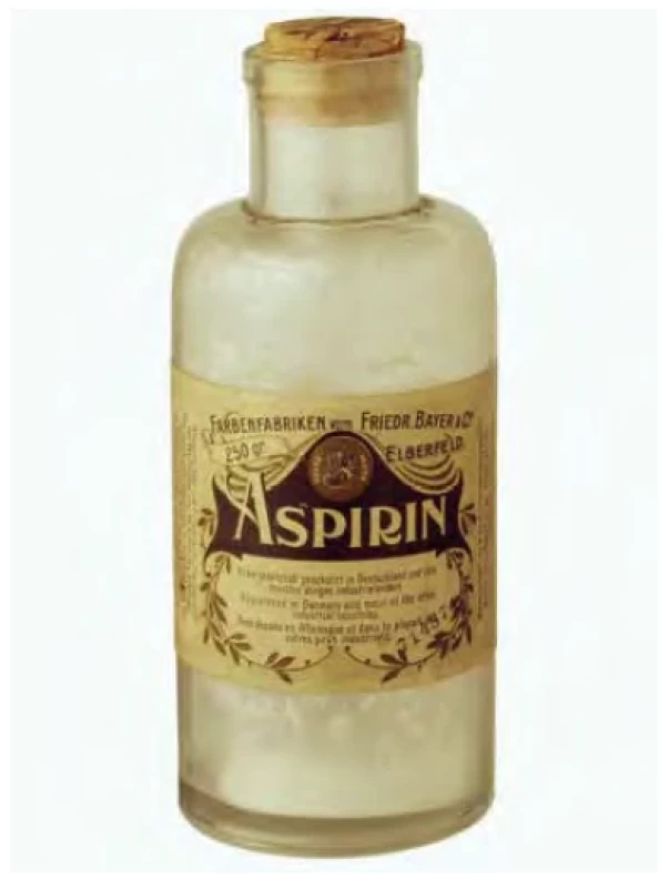 Acylpyrin v prášku, původní balení z r. 1899. Archiv firmy Bayer.
Zdroj: Wikimedia Commons (CC BY 4.0)