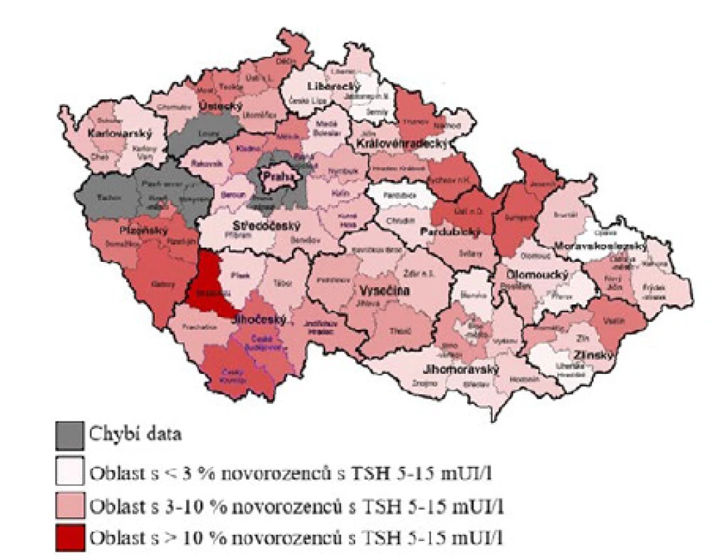 Procentuální zastoupení novorozenců s TSH 5–15 mIU/l
pro jednotlivé oblasti Čech a Moravy v roce 2020