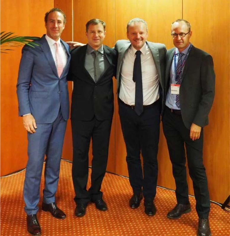 Přednášející onkourologického
modulu (zleva: prof. Shahrokh F. Shariat,
prof. Milan Hora, prof. Morgan Roupret,
prof. Fredrik Liedberg)<br>
Fig. 1. Teachers of the oncourological
module (from left: prof. Shahrokh F.
Shariat, prof. Milan Hora, prof. Morgan
Roupret, prof. Fredrik Liedberg)