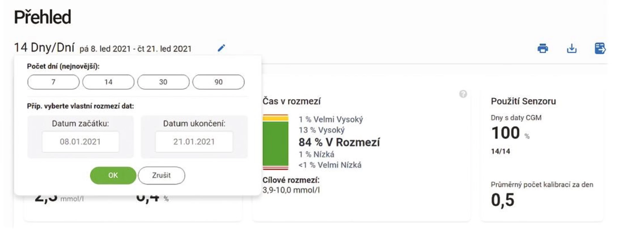 Záznam CGM. Analýza záznamů dat z rt-CGM Dexcom G6 (Dexcom Clarity). Hodnocení validity dat – základním posouzením je doba, která
je vyhodnocována, a doba strávená v tomto období pacientem „na senzoru“. V tomto případě jsou analyzována data 14 dní zpětně a v tomto období
používal pacient senzor 100 % času