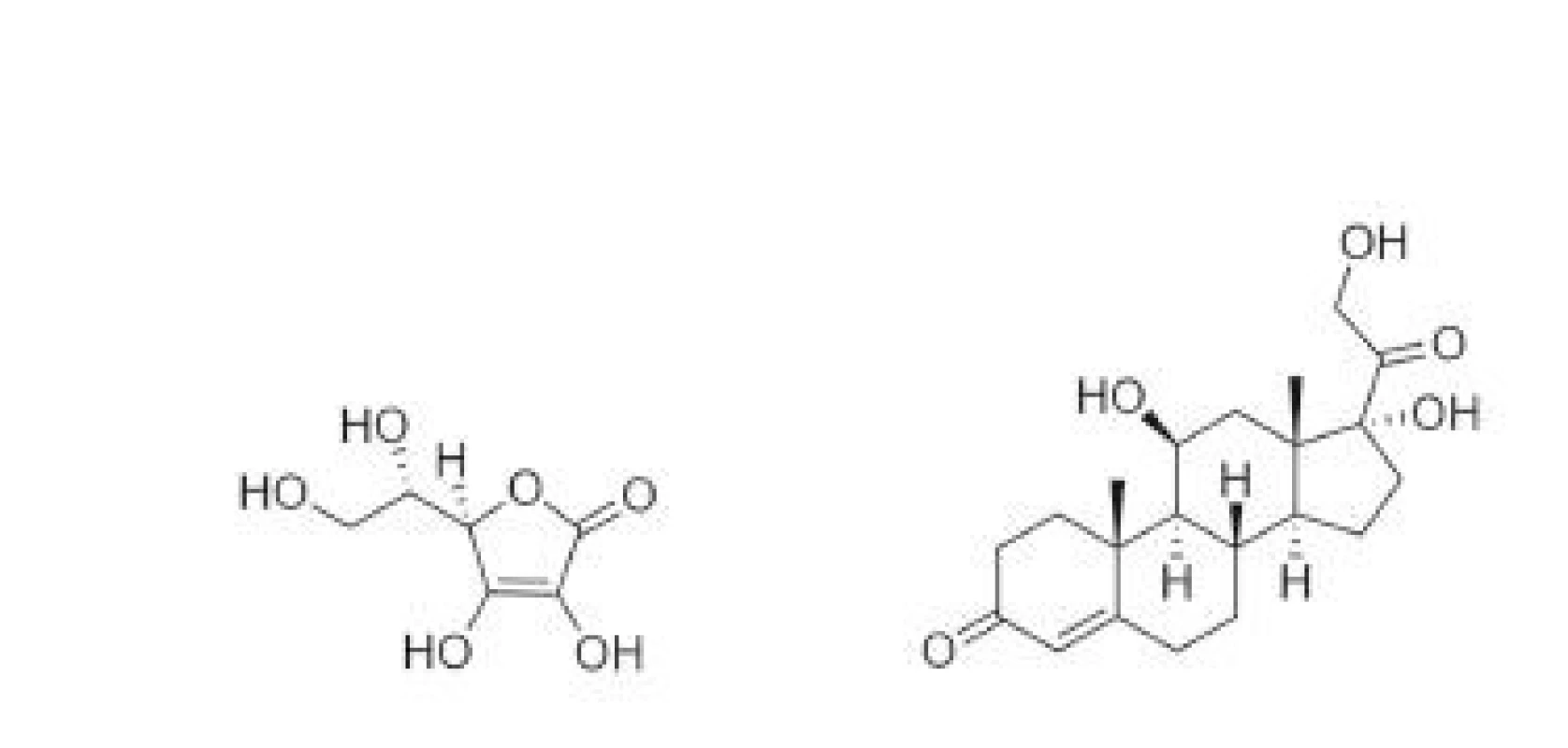 Struktura vitaminu C a kortizolu. Vlevo strukturní
chemický vzorec vitaminu C (kyseliny L-askorbové), vpravo
kortizolu.