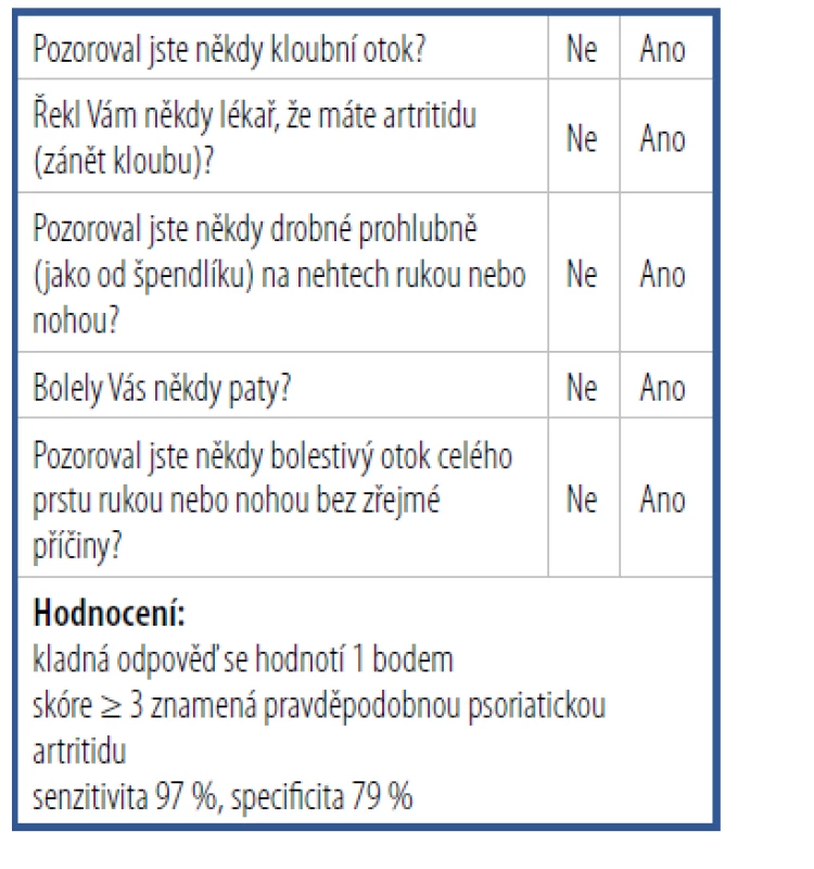 Dotazník PEST<br>
(Psoriasis Epidemiology Screening Tool)