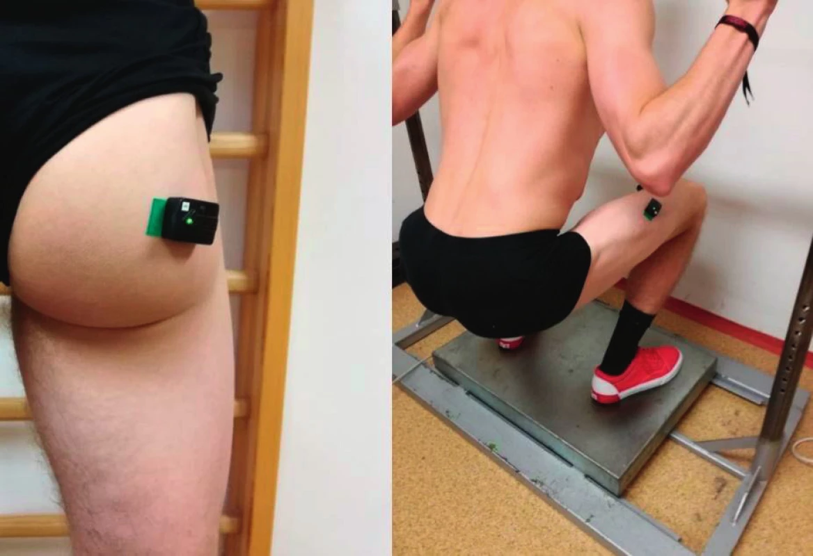 Testovanie EMG aktivity m. gluteus maximus, m. vastus lateralis a m. vastus medialis pri teste maximálnej izometrickej sily v drepe s 50˚ flexiou kolenného kĺbu.