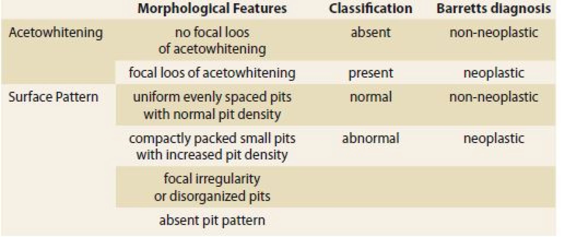 A new classification using acetic acid chromoendoscopy.
Tab. 1. Nová klasifi kace pomocí chromoendoskopie kyselinou octovou.