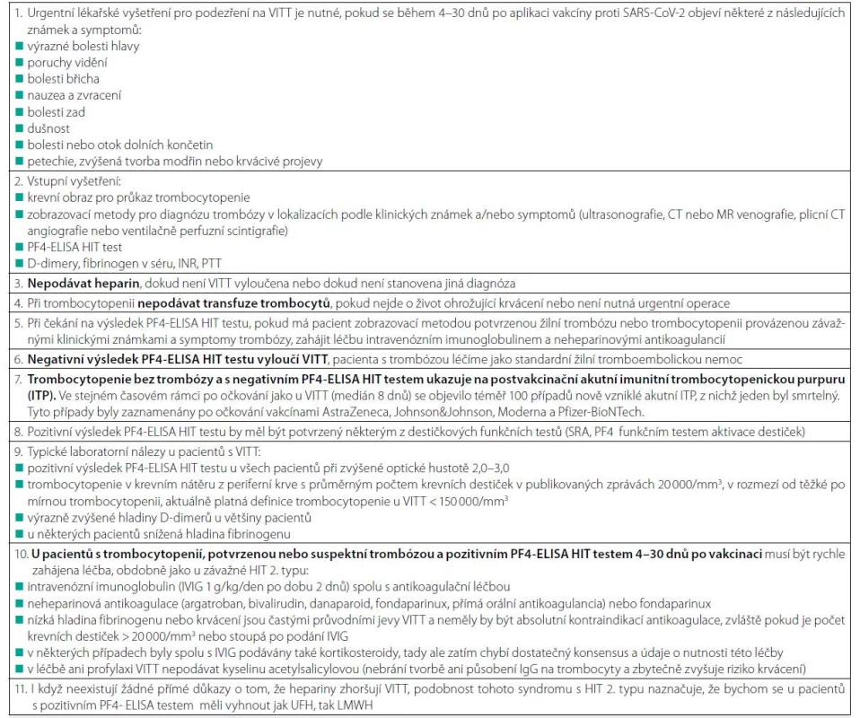 Základní pravidla pro diagnostiku a terapii vakcínou indukované trombotické trombocytopenie (VITT) – jedná se o nově popsaný syndrom
a všechna uvedená doporučení jsou proto založená na extrapolaci a podobnostech s HIT 2. typu a s neheparinovou autoimunitní trombotickou
trombocytopenií (Upraveno podle Bussel JB, et al. Thrombosis with thrombocytopenia syndrome (also termed vaccine-induced thrombotic thrombocytopenia),
Version 1.4; last updated April 29, 2021)