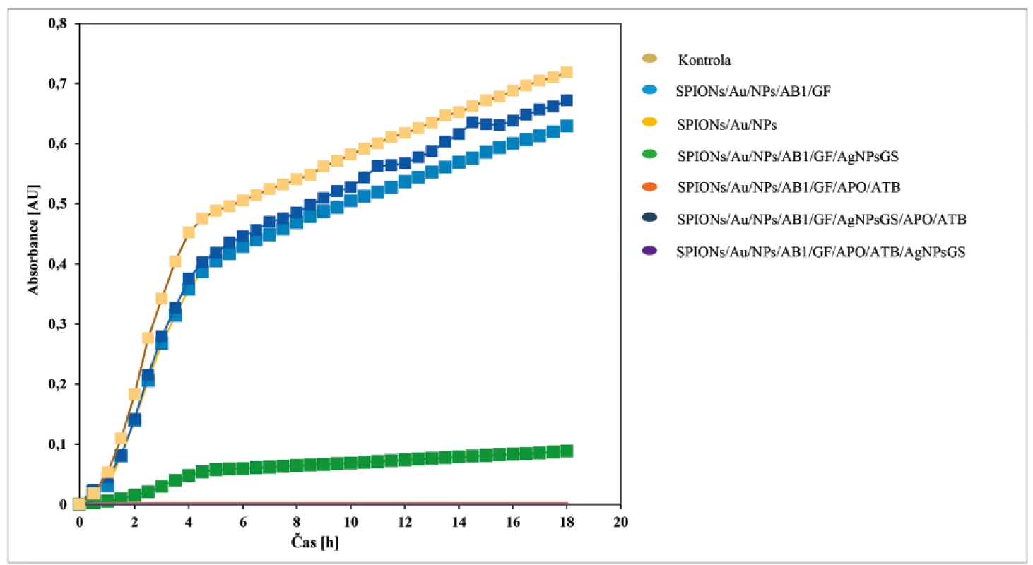 Růstové křivky S. aureus po aplikaci různých částí konstruktu<br>
Objem S. aureus 50 μl, celkový objem 300 μl. Měřeno po dobu 18 hodin a hodnoty byly odečítány v intervalu 30 minut, při 37 °C. Získané typické
růstové křivky v přítomnosti testovaných nanokonstruktů. Část C (SPIONs/Au/NPs – bez modifikací a SPIONs/Au/NPs/AB1/GF – modifikovaná)
nevykazovala žádné antibakteriální efekty, které nebyly z podstaty této části ani očekávány. V přítomnosti antibakteriálně aktivních látek
nanokonstruktu a celého nanokonstruktu však byla zaznamenána dramatická inhibice (přes 90 %) na bakteriální kulturu S. aureus.