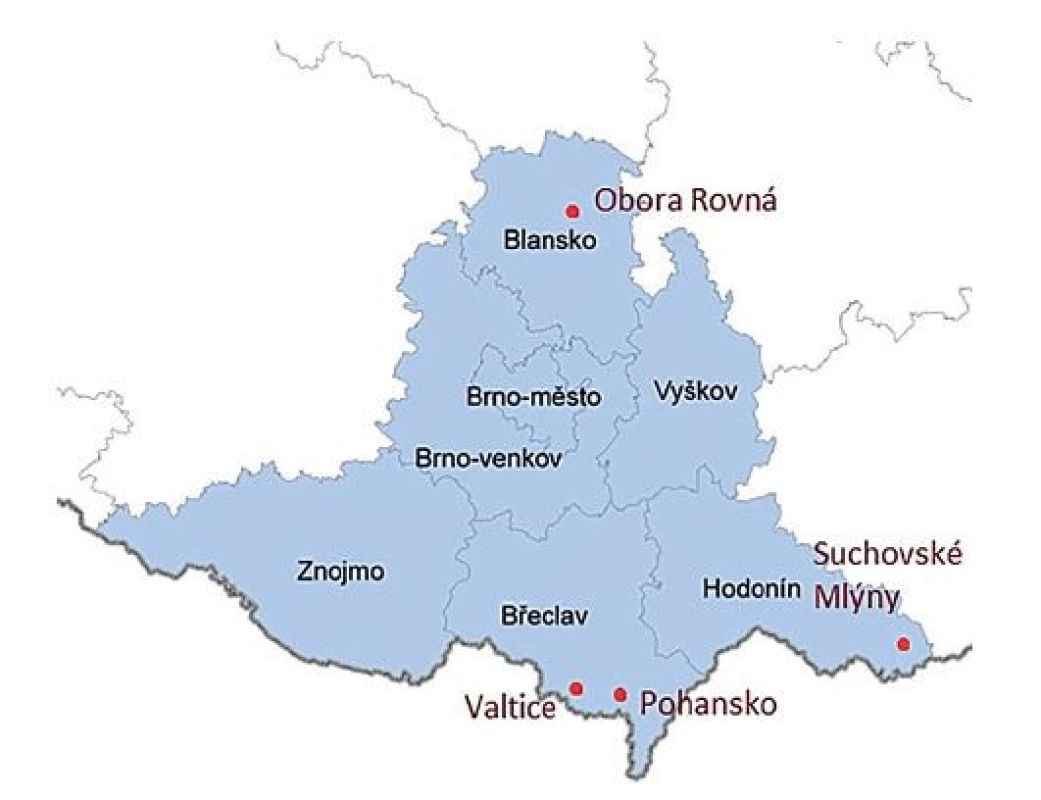 Lokality sběru klíšťat v Jihomoravském kraji<br>
Figure 1. Tick collection sites in the South Moravian Region
(adapted from risy.cz)