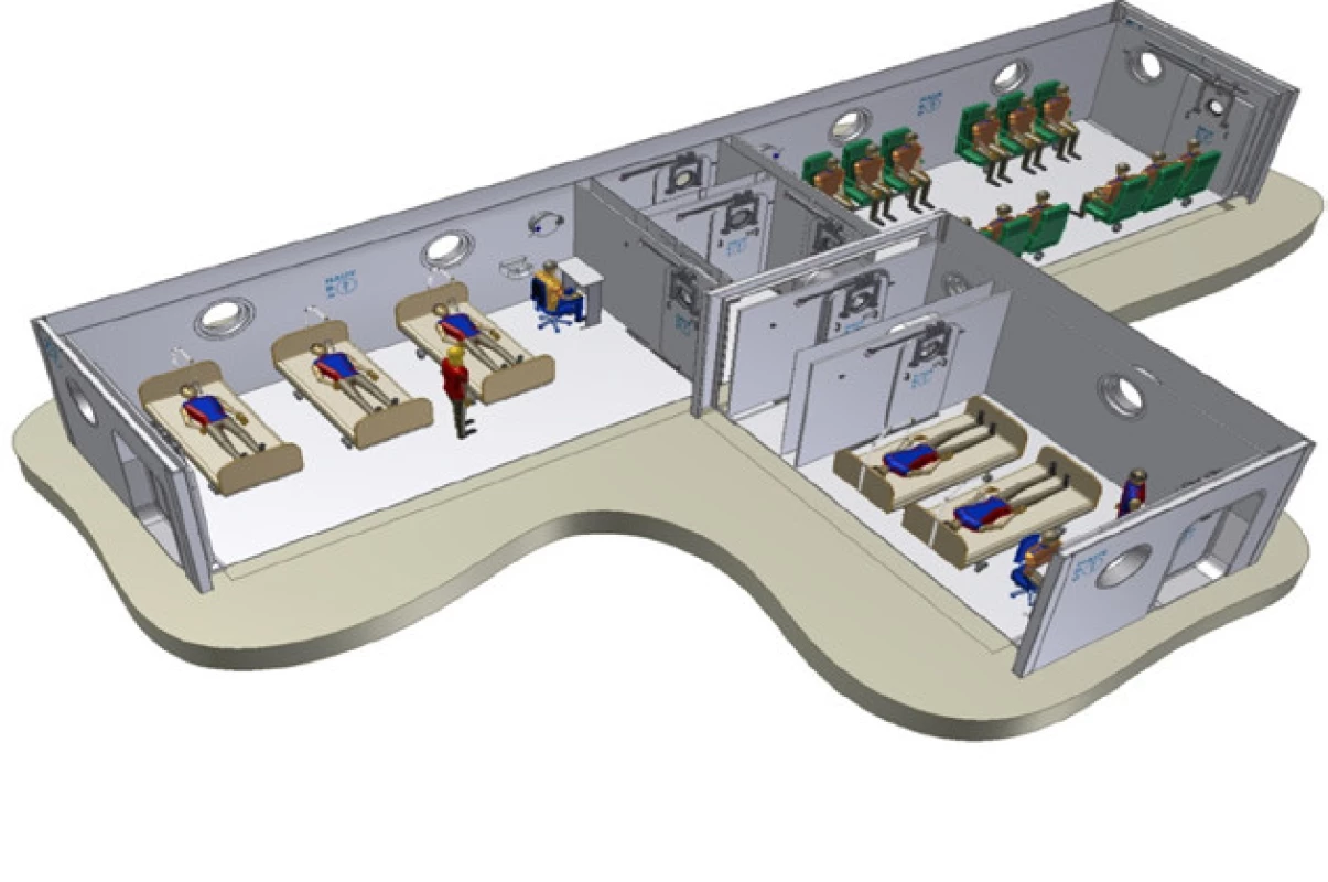Schema hyperbarické
komory v Univerzitní nemocnici
v Lille, Francie. Obdobná vznikne v rámci rekonstrukce v Centru
hyperbarické medicíny, Městská
nemocnice Ostrava (15)<br>
Fig. 1. Schema of hyperbaric
chamber University Hospital Lille, France. A similar one will arise
as a part of the reconstruction in
Centrum hyperbaric medicine,
Ostrava City Hospital (15)
