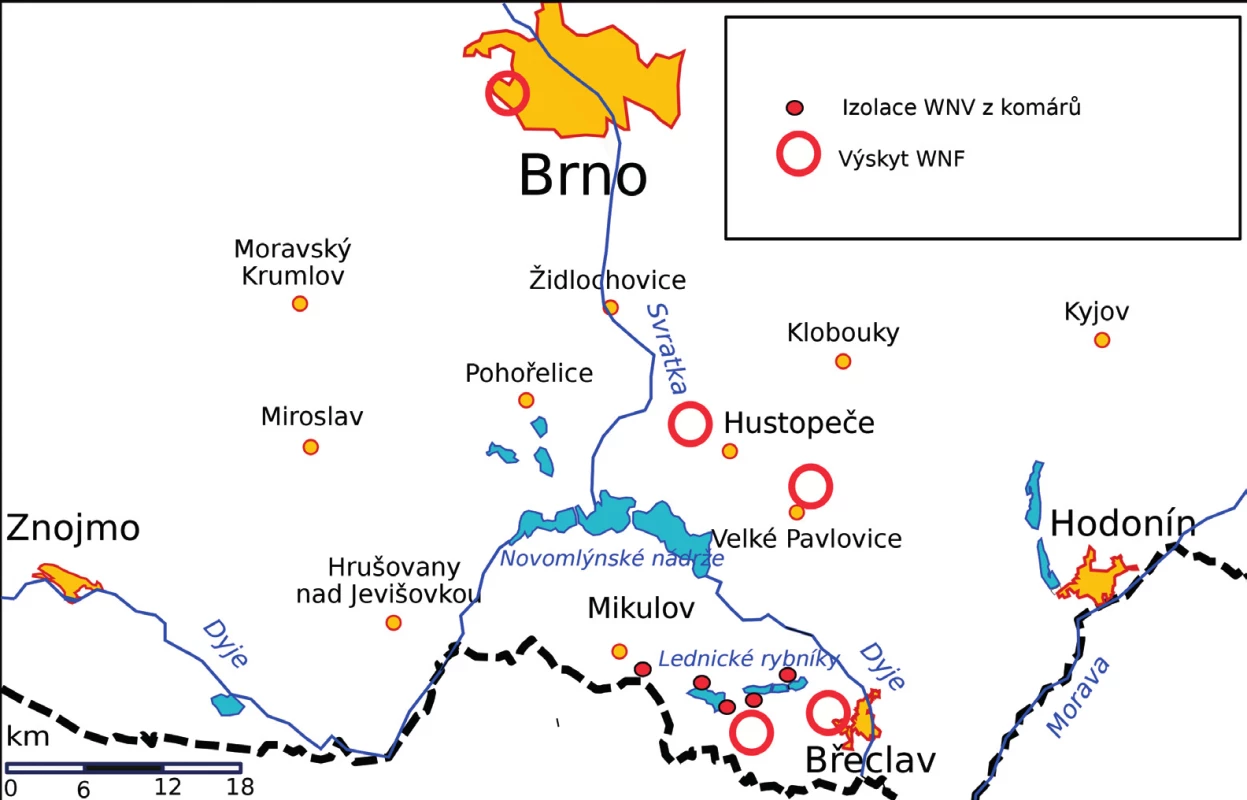 Lokality akvirace nákazy<br>
Figure 1. WNV affected areas