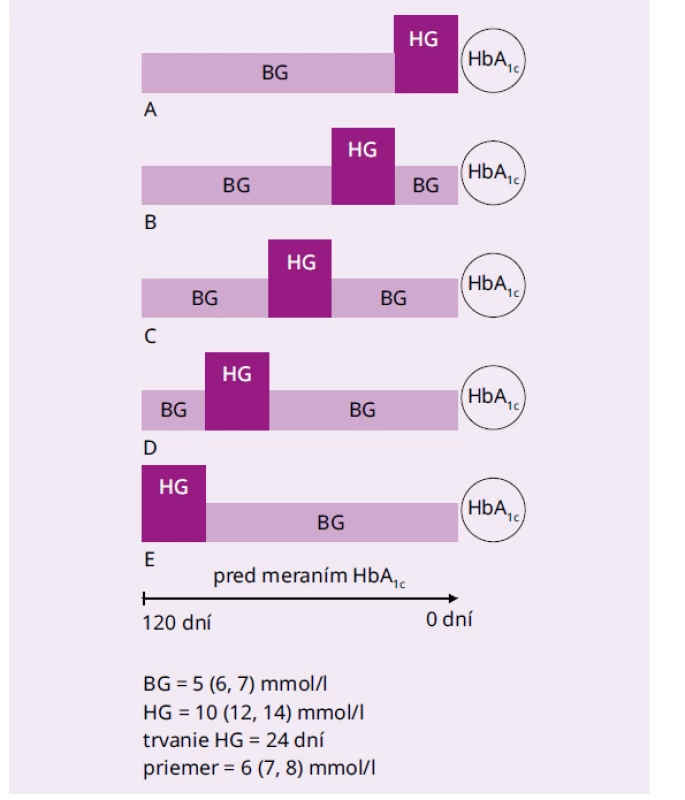 Modely 24-dňových hyperglykemických
epizód, ktoré sa odohrali v rôznom časovom
období pred meraním HbA1c