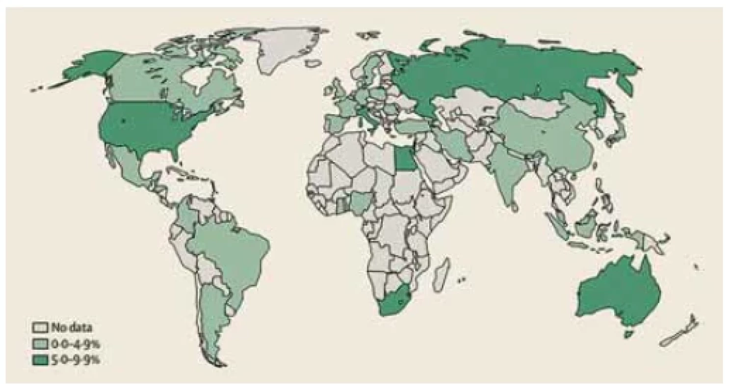 Global prevalence of irritable bowel syndrome according to the Rome IV
criteria. <br> 
Obr. 2. Celosvětová prevalence syndromu dráždivého tračníku podle kritérií Rome IV.