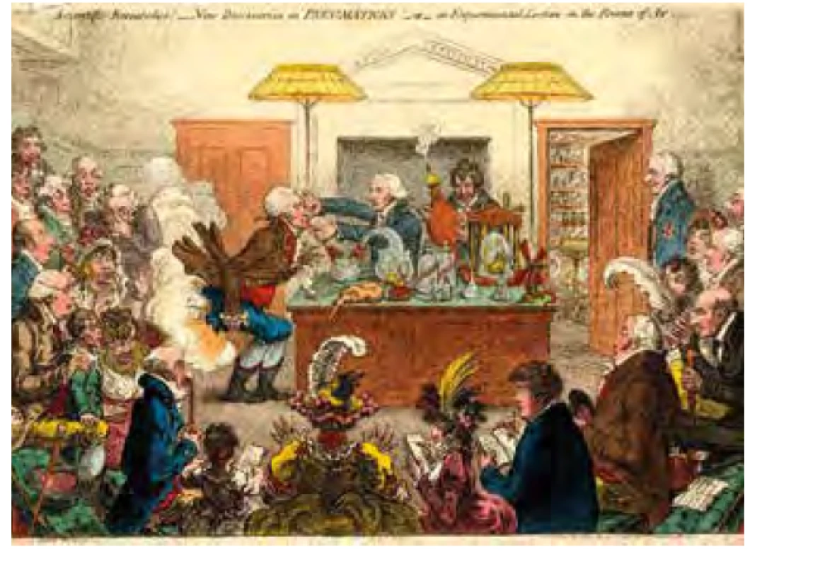 Karikatura Jamese Gillraye z r. 1802 na demonstrace účinků oxidu
dusného nazvaná „Vědecký výzkum! Nové objevy v Pneumatickém institutu!“
Humphry Davy je u stolku vpravo a drží měch s plynem. Zdroj: Wikimedia
Commons (CC BY 4.0)