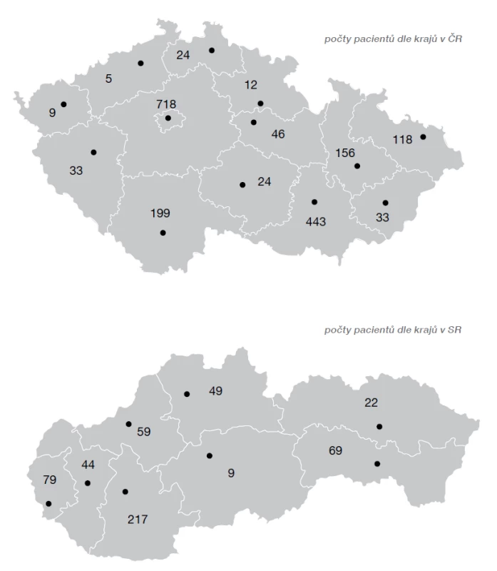 Počty pacientů indikovaných v jednotlivých krajích v ČR a SR