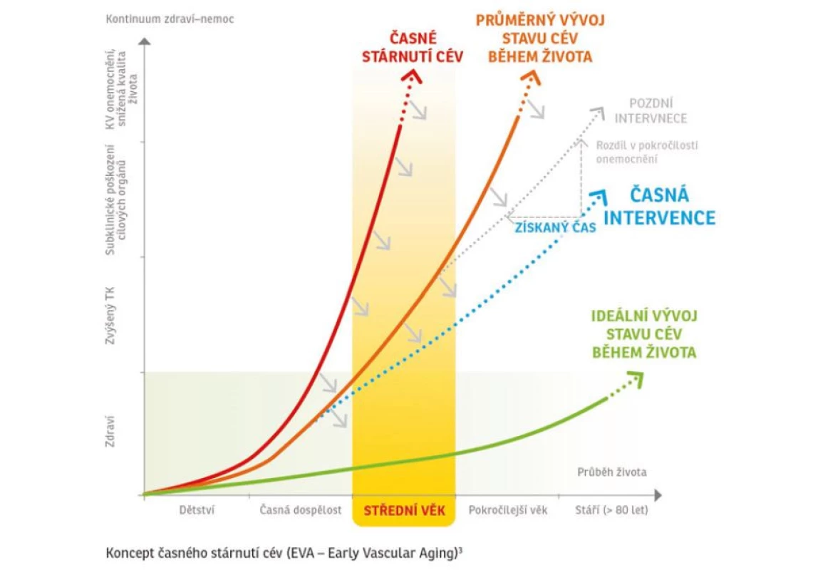 Účinky preventivních opatření v ovlivnění celkového KV rizika. Upraveno dle (14)