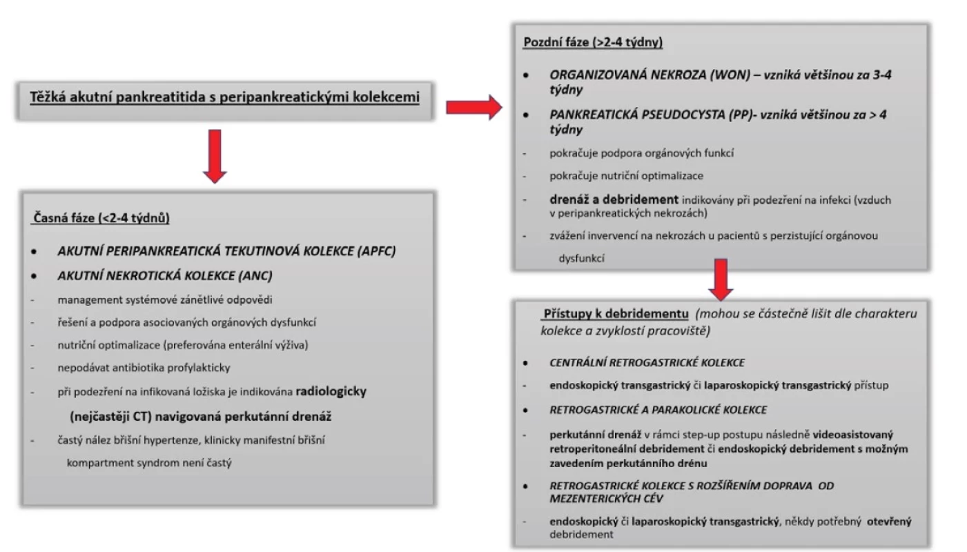 Časová osa step-up postupu u peripankreatických tekutinových kolekcí při těžké akutní pankreatitidě [14]<br>
Fig. 5: Timeline of the step-up approach for peripancreatic fluid collections in severe acute pancreatitis [14]