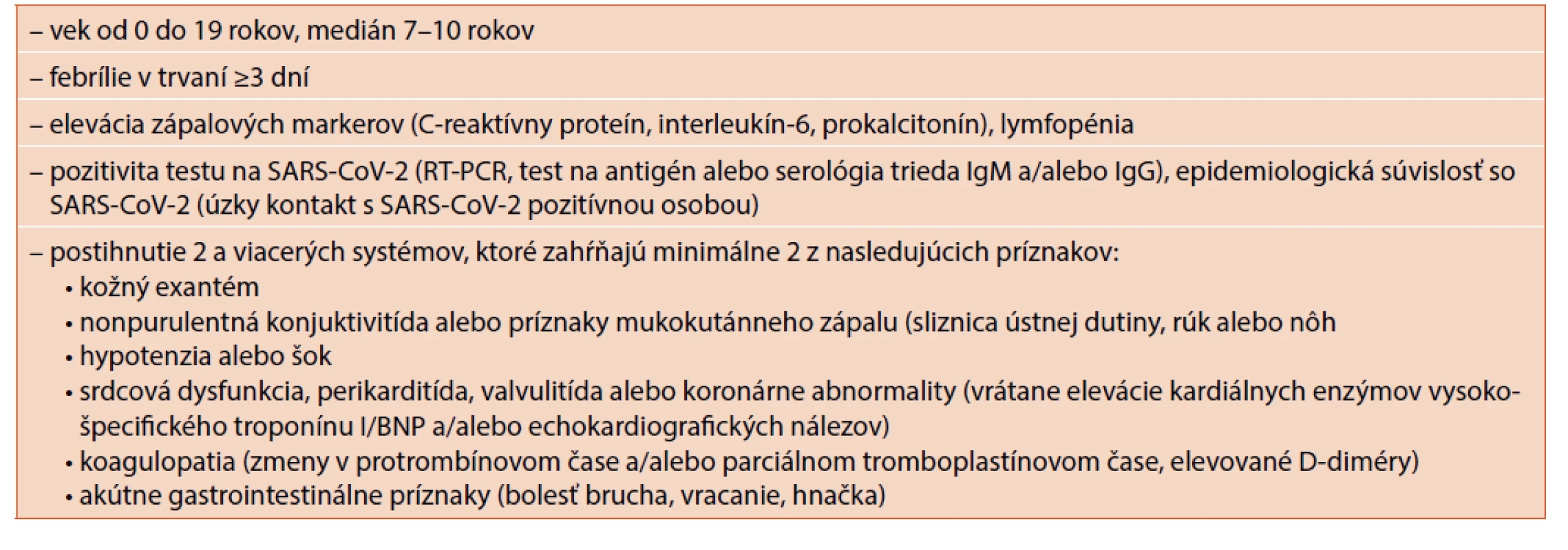 Diagnostické kritéria pre PIMS-TS podľa WHO (preložené a upravená podľa Riphagen et al. 2020).