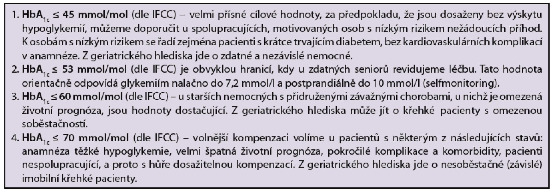 Cílové hodnoty pro léčbu hyperglykemie, které by měly minimalizovat riziko hypoglykemie