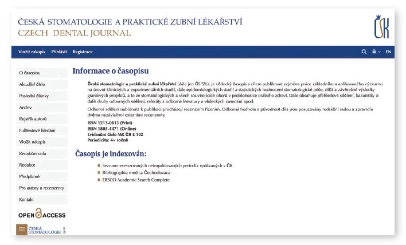 Homepage nového webu časopisu Česká stomatologie a praktické zubní lékařství na adrese
cspzl.dent.cz